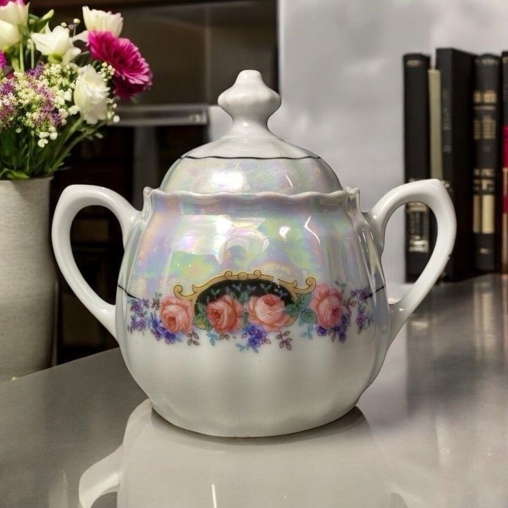 Bavaria Lusterware Sugar Bowl w/Lid Floral Motif Metallic Iridescent Glaze VTG